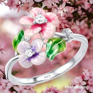 Sterling silver 925 stamped enamel pink & lavender flower ring size 6.